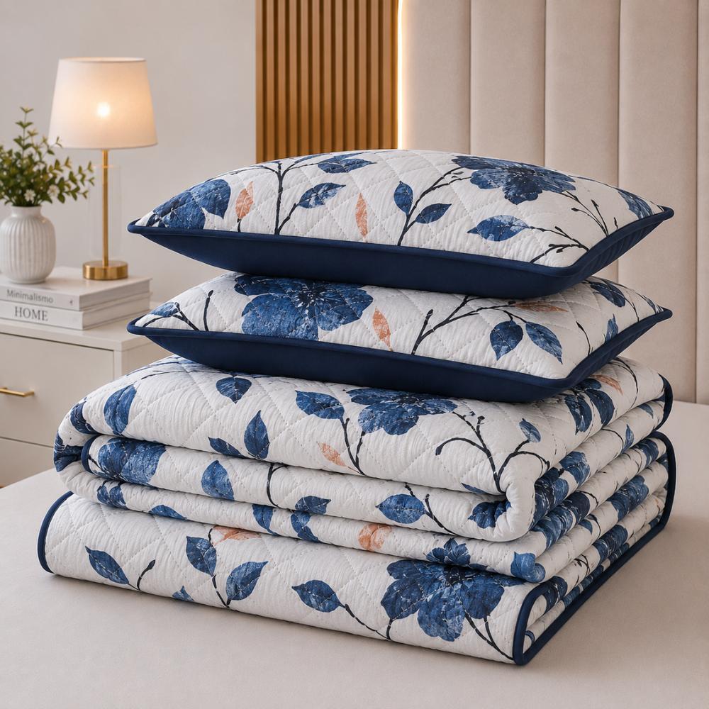 Kit Cobre Leito Queen Floral Azul Dupla Face 3 Peças Colcha Matelada Premium 2,20x2,40m
