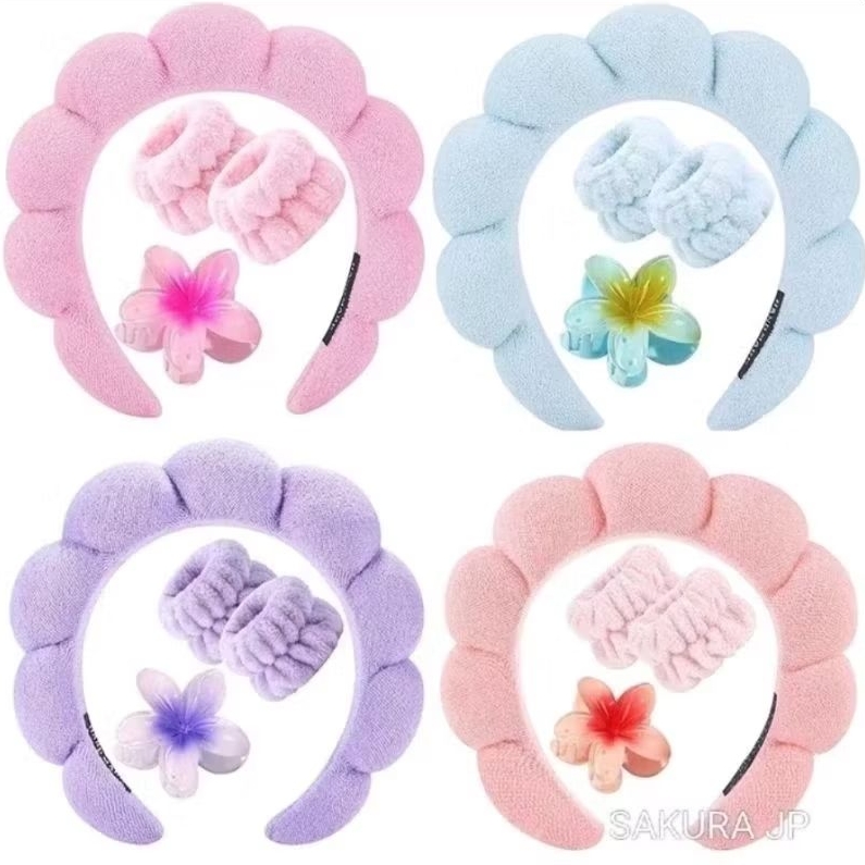 KIT SPA SKINCARE - 3 ITENS | Tiara Nuvem + Faixa de pulso + Presilha de Flor Havaiana