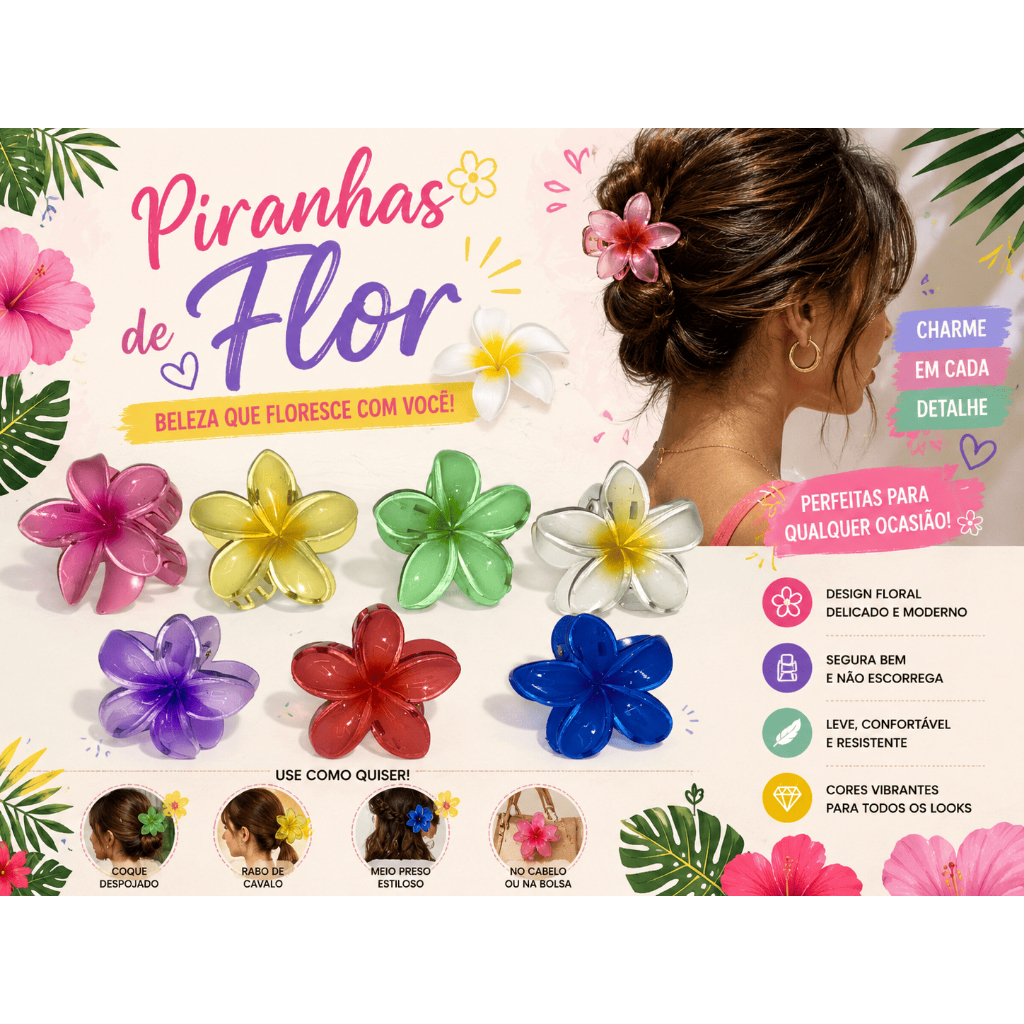 KIT 2 Presilha Piranha Flor 8cm Fashion Havaiana Colorida Acessório Feminino 🌺