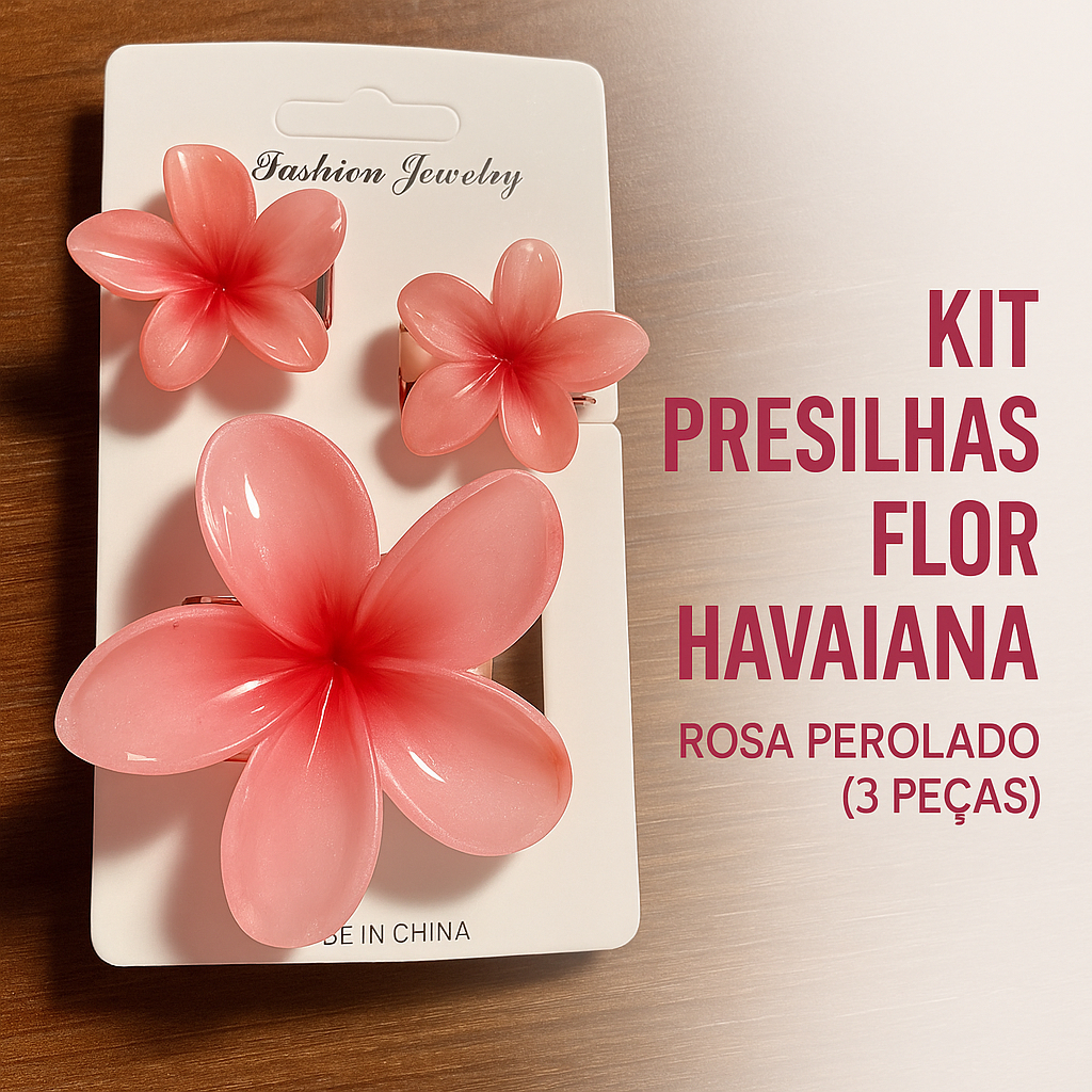 Kit Presilhas Flor Havaiana – Rosa Perolado (3 peças)