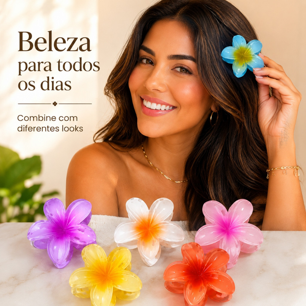 Kit Presilha Flor Grande Para Cabelo Estilo Havaiano – Flor De Hibisco Acrílico Cores Sortidas