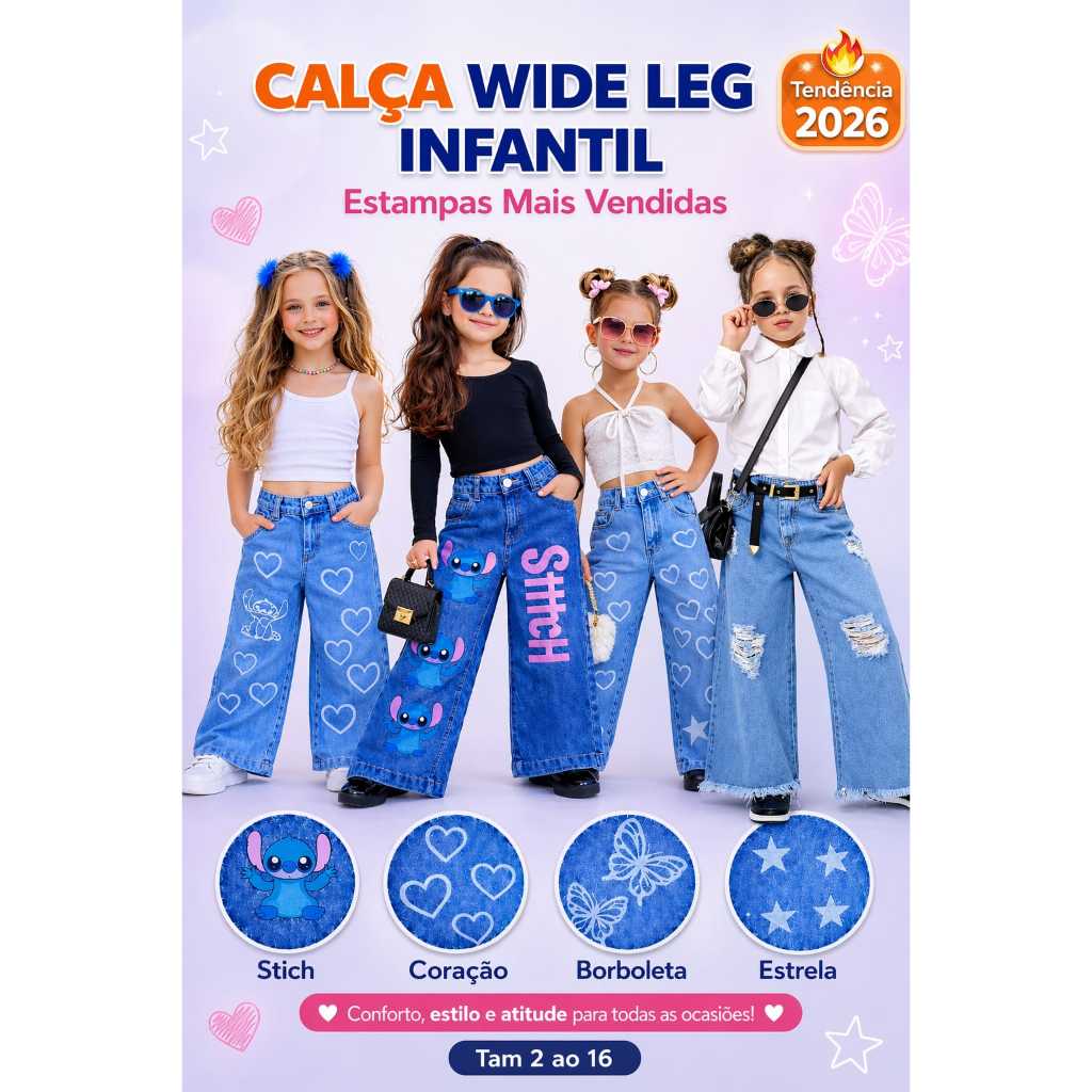 Calça Wide Leg Infantil Jeans Estampadas Stitch Coração Borboleta Linda Confortável Estilosa Moda Blogueirinha Tendência