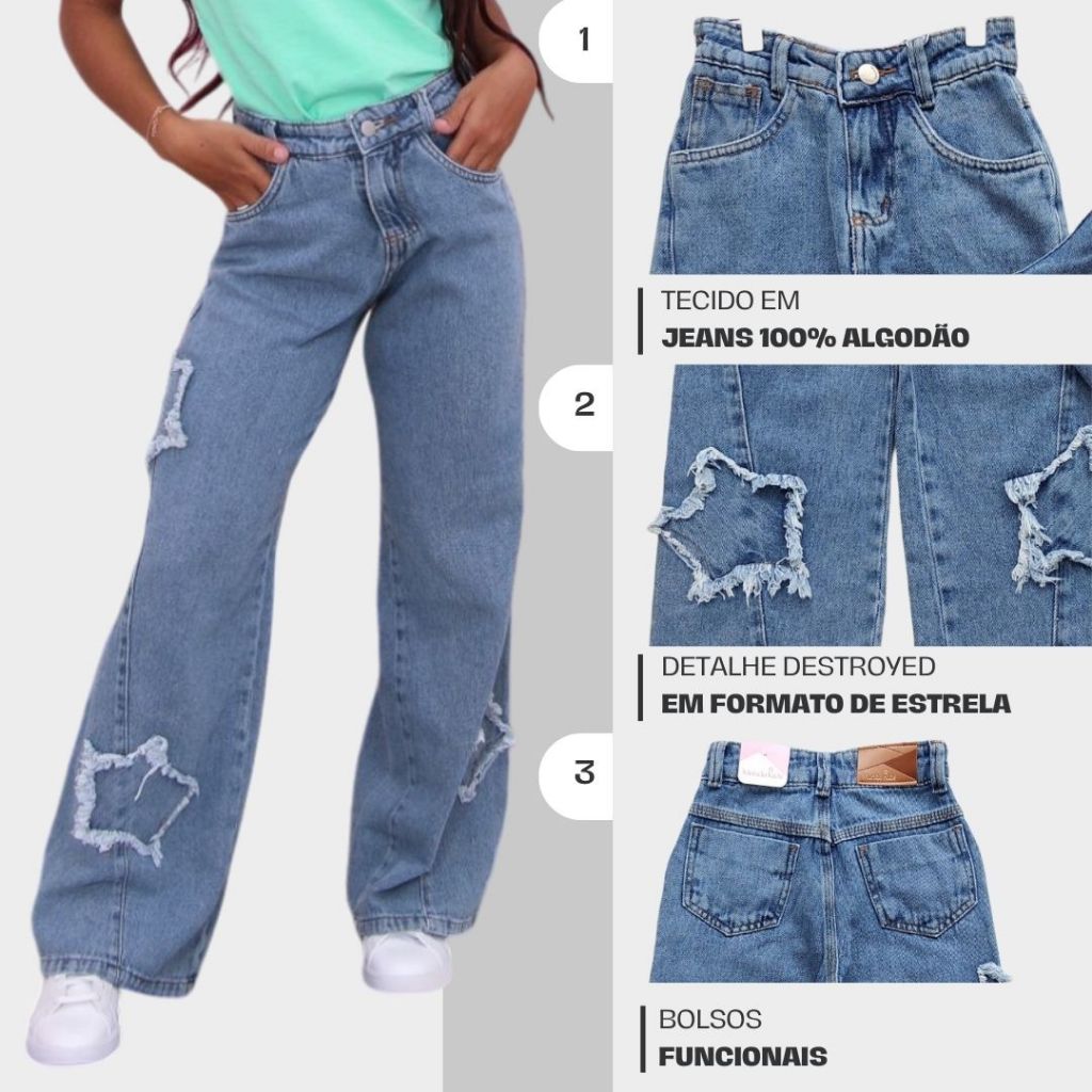 Calça Jeans Roupa Menina Juvenil Infantil Estrela Destroyed Wid Leg Boca Larga Mini Diva Blogueira