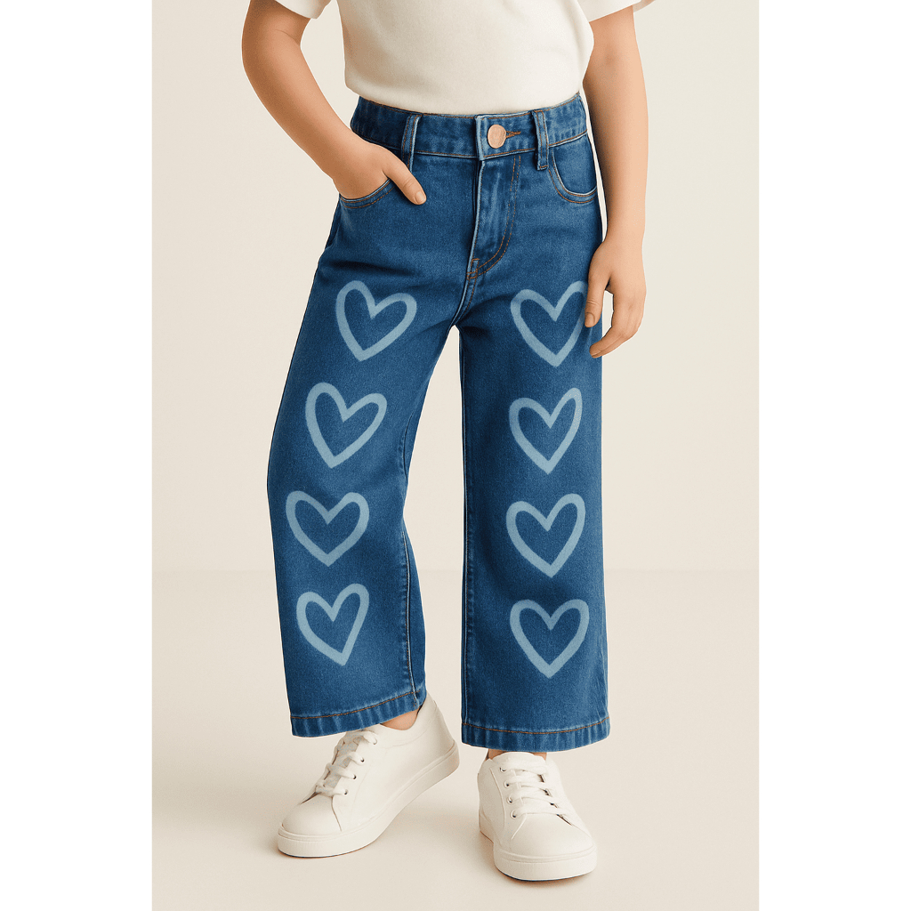 Calça Jeans Wid Leg Juvenil Infantil 4 a 10 Anos Corações Menina Blogueira Mini Diva Moda Feminina