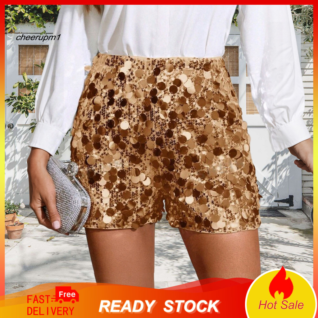 Elastic Waist Shorts Women’s Sequin High Waistband Sparkly Mini Party Straight Leg Nightclub Outfits Perfect for Festi