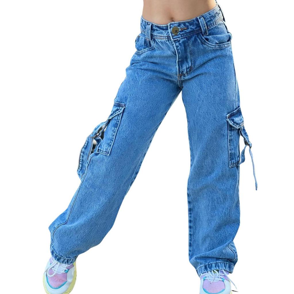 Calça jeans wide leg cargo Janaina infantil juvenil femenina infantil  blogueirinha mini diva estilosa