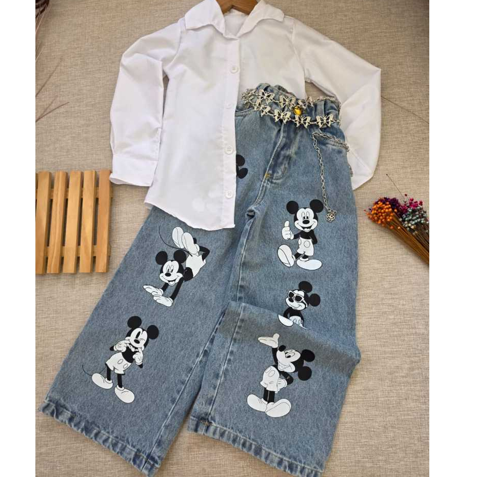 Conjunto Infantil Menina Calça Wide Leg Mickey Virginia Mini Diva + Camisa Branca Luxo 04 ao 12