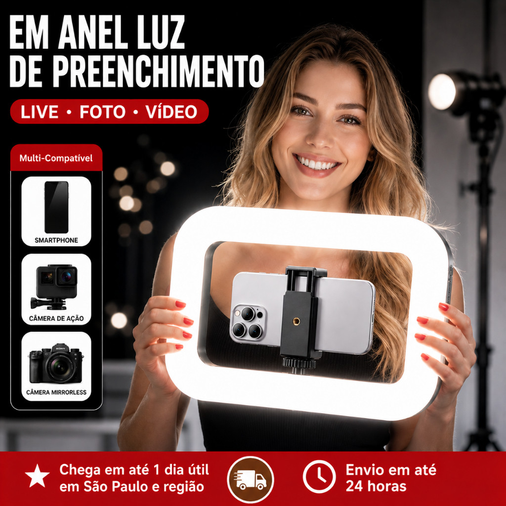 Mini luz de preenchimento LED quadrada para câmera de celular Luz de iluminação Universal com clipe Luz de três tons Leg
