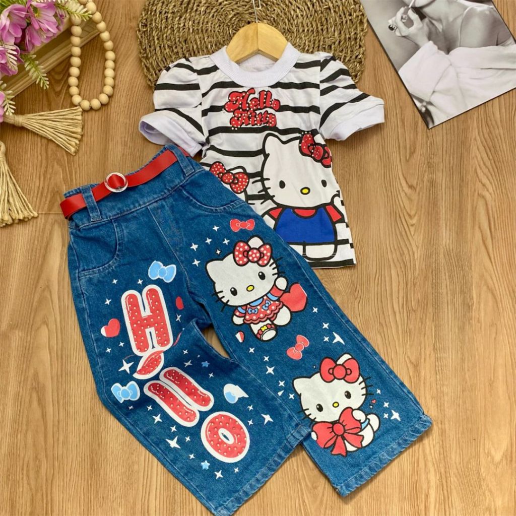 Lançamento Conjunto Blusa Listrada Hello Kitty+ Calça Jeans Wide Leg Meninas 2 Á 6 Mini Blogueira