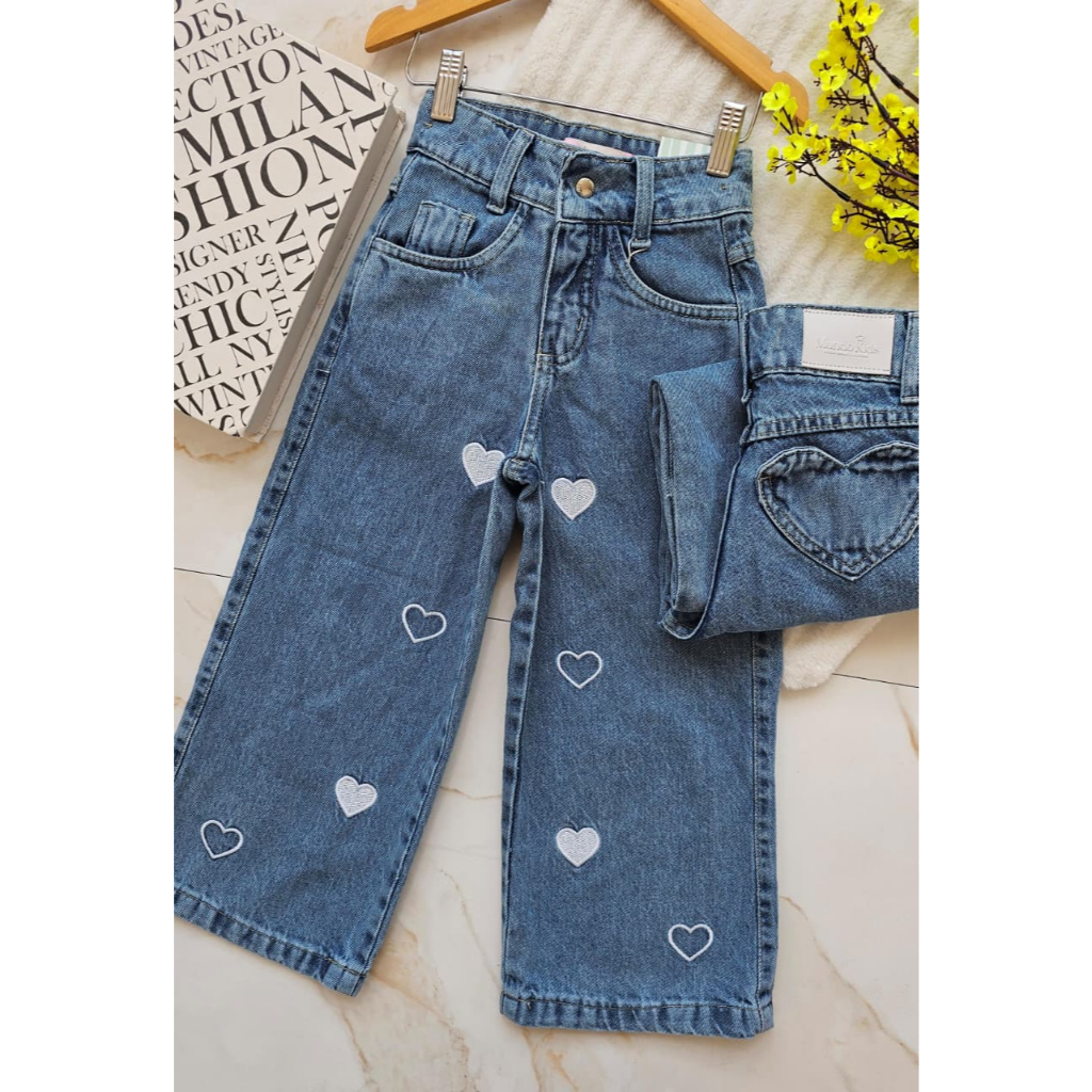 Calça Jeans Premium Meninas Wide Leg Pantalona Estonado Mini Diva