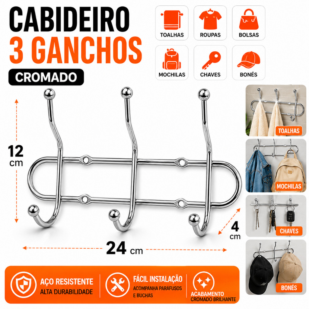 Cabideiro De Parede Em Aço Inox Com 6 Ganchos Multiuso Para Roupas Toalhas Bolsas Mochilas Banheiro