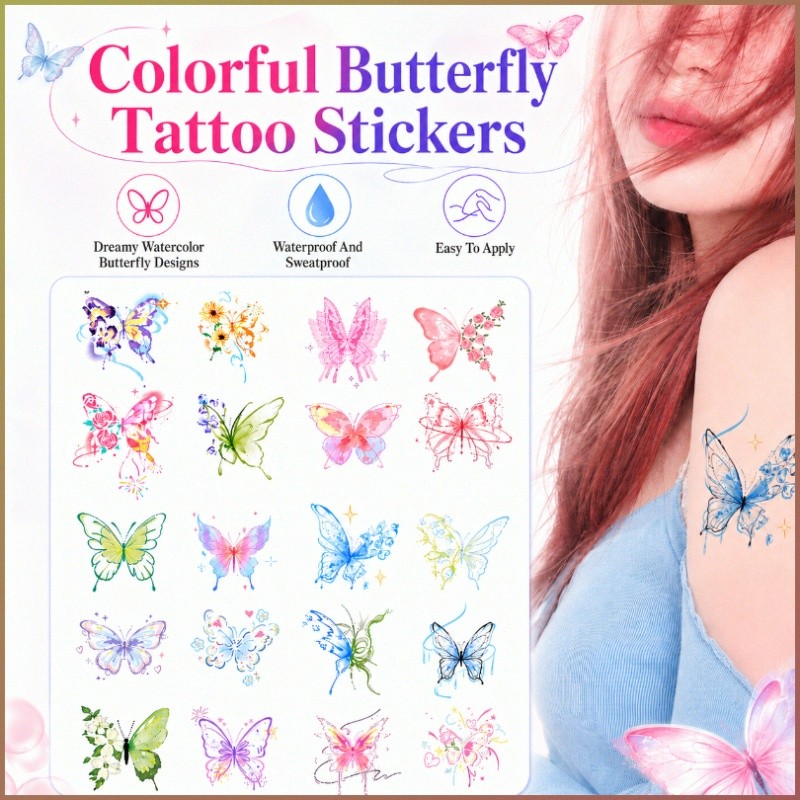 【Design Exclusivo】Miếng dán xăm tạm thời hình bướm đầy màu sắc / Tatuagem Temporária/À Prova D'Água/Estilo Feminino