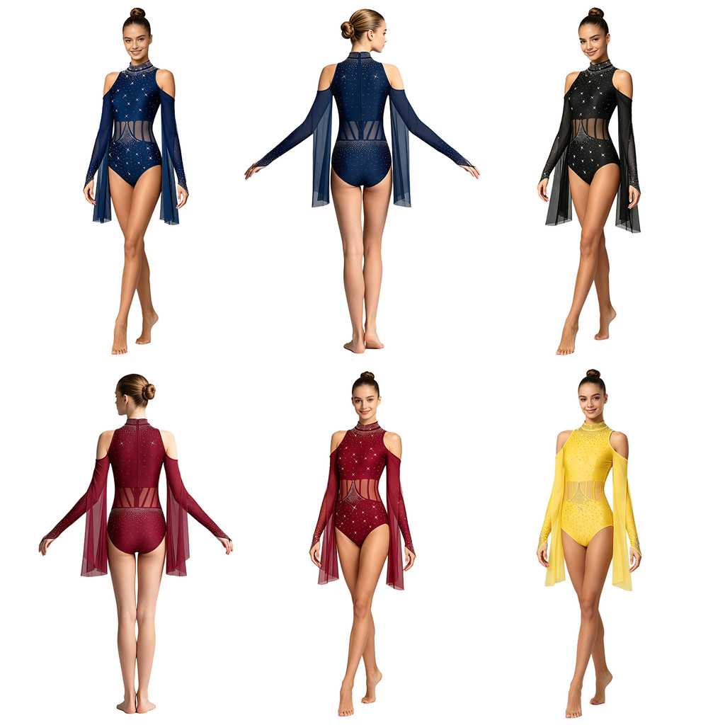 inhzoy Feminino Dança Lírica Collant Glitter Strass Ombro Frio Mangas Compridas Pura Malha Cintura Uma Peça Bodysuit Dan