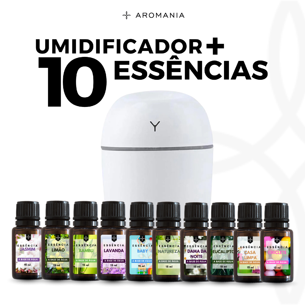Kit 10 Essências Aromatizantes + Umidificador Ultrassônico 220ml Led 7 Cores