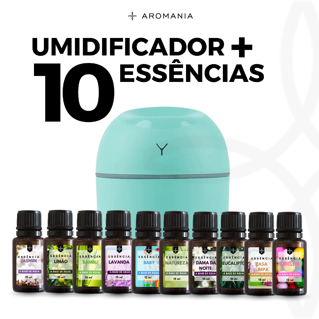Kit 10 Essências a Base de Água + Umidificador e Aromatizador de Ar 220ml Ultrassônico USB