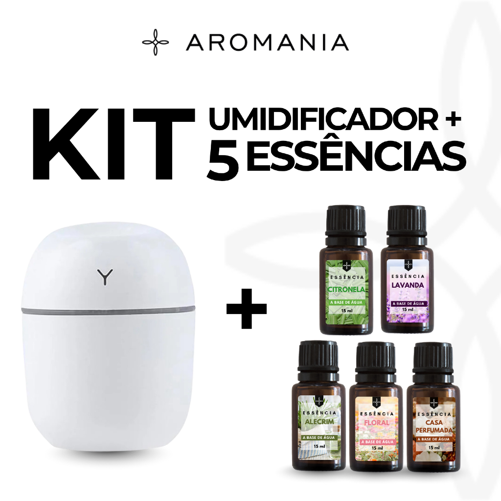Kit 5 Essências Hidrossolúveis + Umidificador Aromatizador 220ml LED 7 Cores Perfuma e Umidifica o seu Ambiente