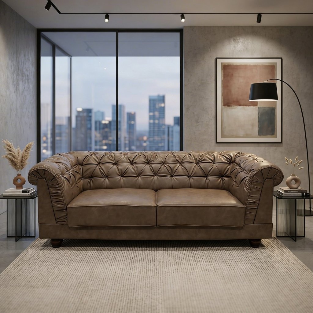 Sofá 3 Lugares 220cm Chesterfield Courino Cappuccino Linha Premium  Resistente Confortável