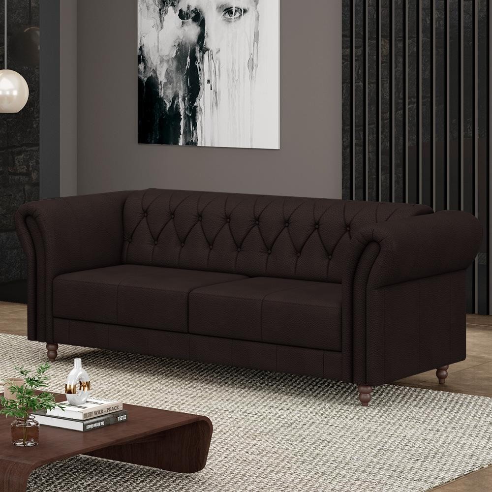 Sofá Living Sala de Estar Stanford Chesterfield 2 Lugares 220cm Pés de Madeira Couro Marrom G58