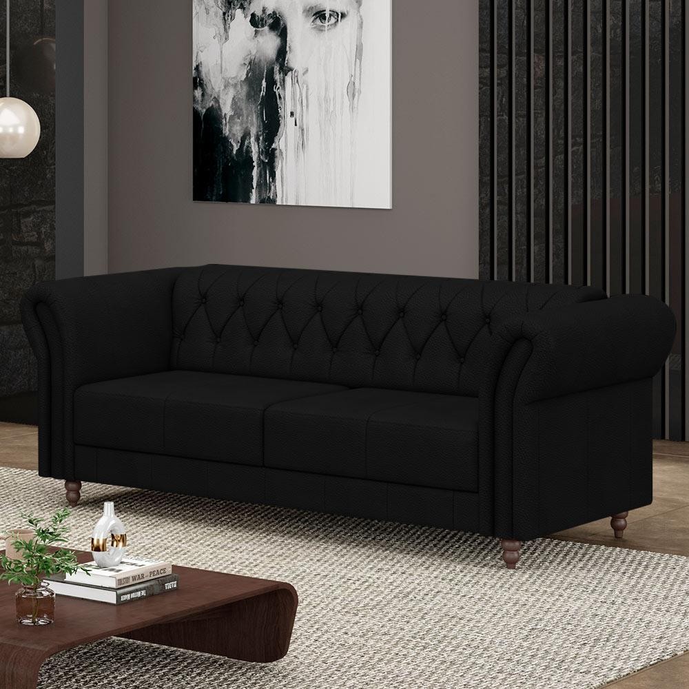 Sofá Living Sala de Estar Stanford Chesterfield 2 Lugares 220cm Pés de Madeira Couro Preto Gran Belo