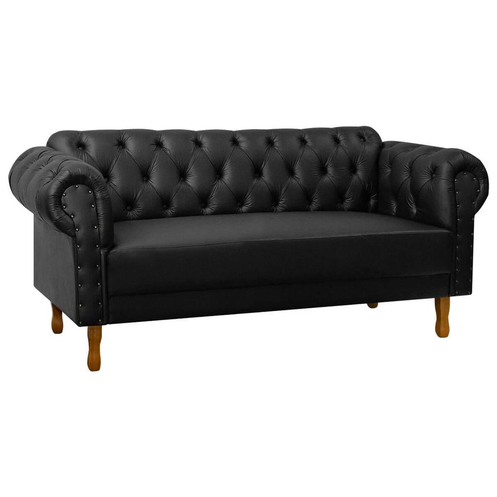 Sofá Chesterfield 160cm Para Barbearia Recepção Corino Preto Pés de Madeira