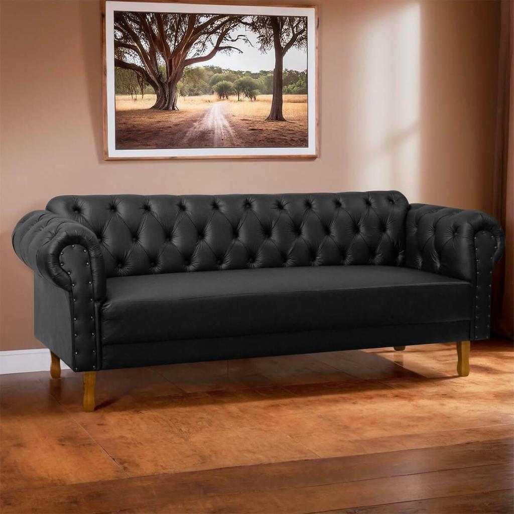 Sofá Chesterfield 200cm Para Barbearia Recepção Corino Preto Pés de Madeira