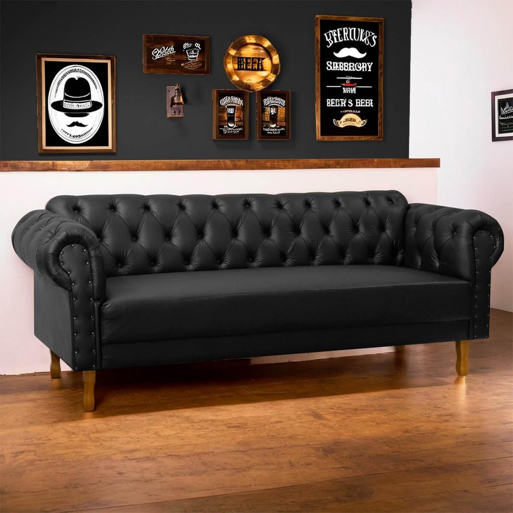 Sofá Chesterfield 2 Lugares Pé Luís XV Capitonê Corino Preto