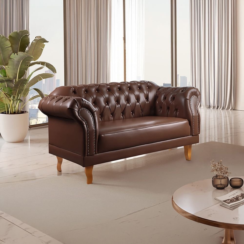 Sofá Chesterfield 2 Lugares Couro Sintético Marrom Duque 150cm Yescasa Marrom