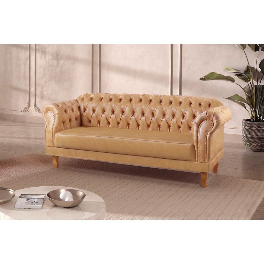 Sofá Chesterfield 3 Lugares Couro Sintético Duque Mel