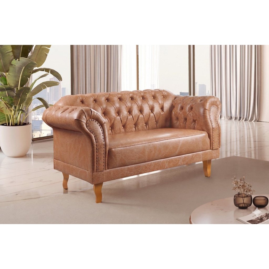 Sofá Chesterfield 2 Lugares Couro Sintético Duque Avelã