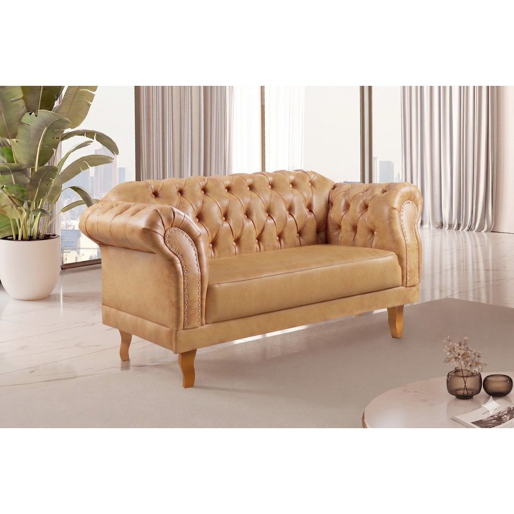 Sofá Chesterfield 2 Lugares Couro Sintético Duque Mel