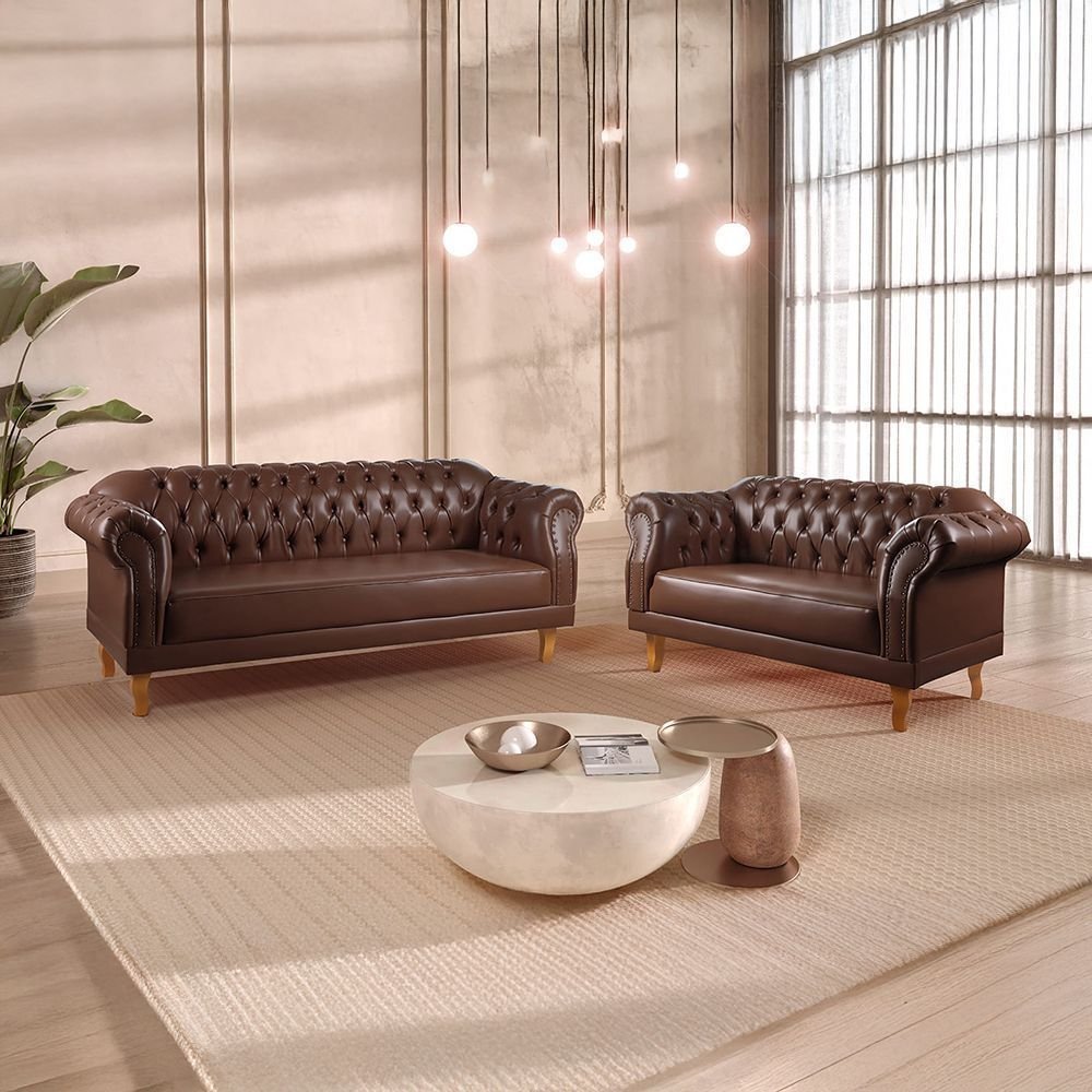 Conjunto de Sofás Chesterfield 5 Lugares Couro Sintético Marrom Duque 200cm Yescasa Marrom
