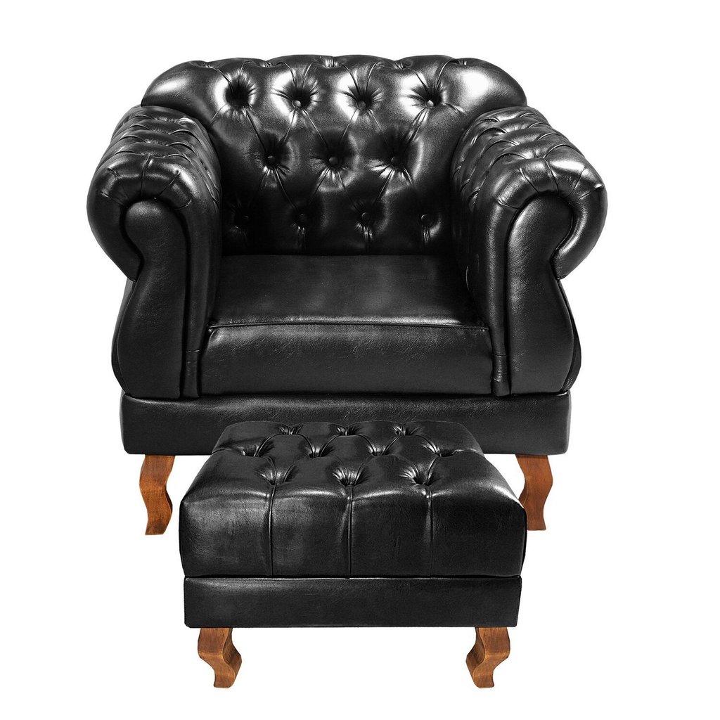 Poltrona com Puff Duquesa Decorativo Chesterfield Preto Capitonê