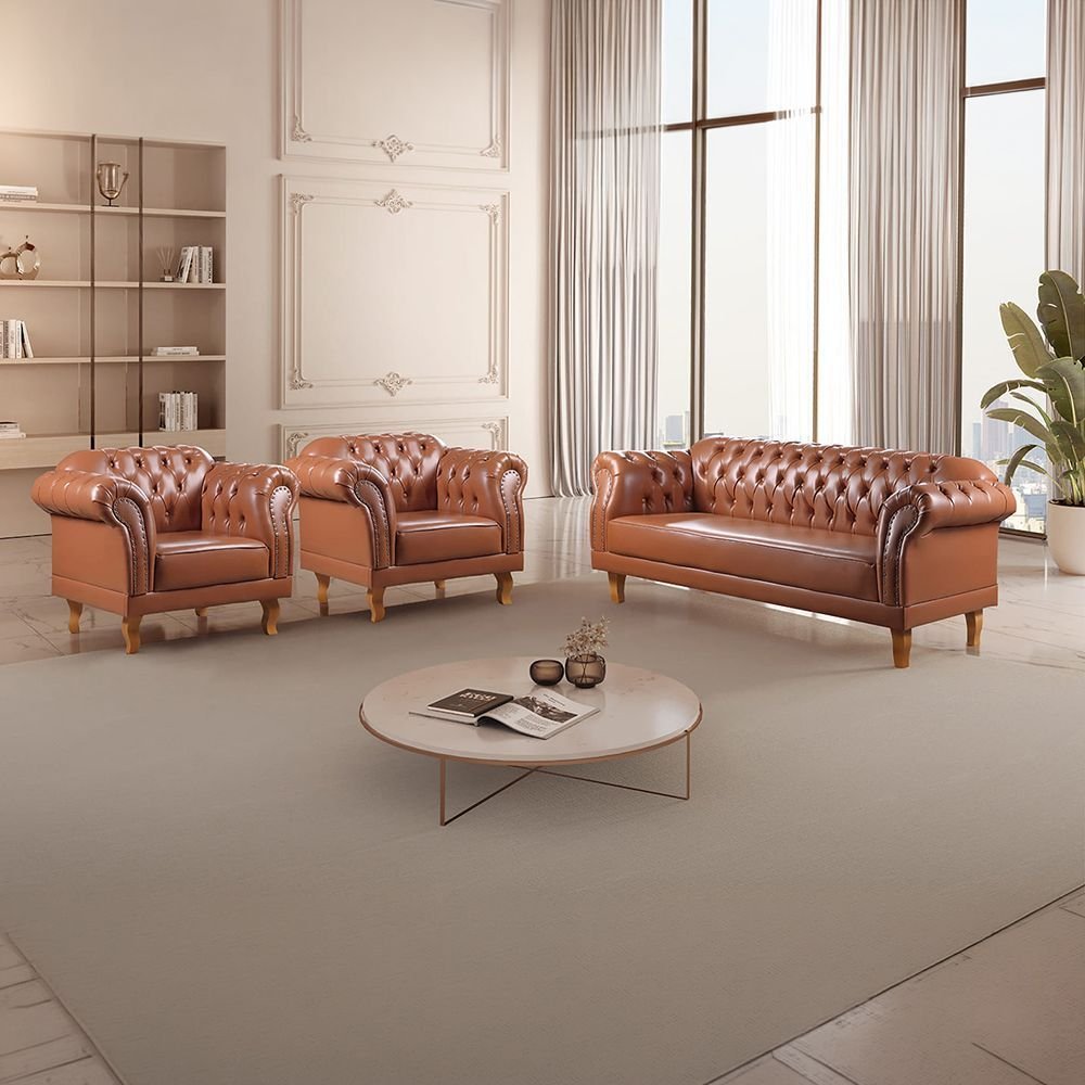 Conjunto Sofá e Poltronas Chesterfield Duque Yescasa Caramelo