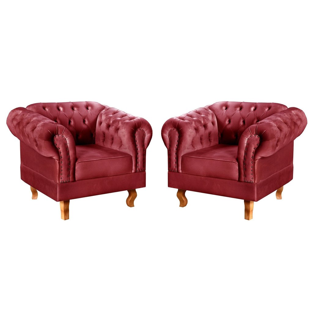 Conjunto 2 Poltronas Chesterfield Dom Pedro Decoração Sala Recepção Retrô Vermelho Bordô