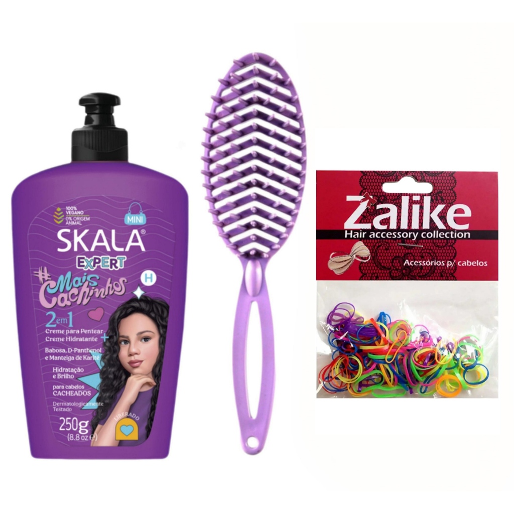 Creme de Pentear Infantil Cabelos Cacheados Hidratação e Definição Escova Desembaraçante + Elasticos