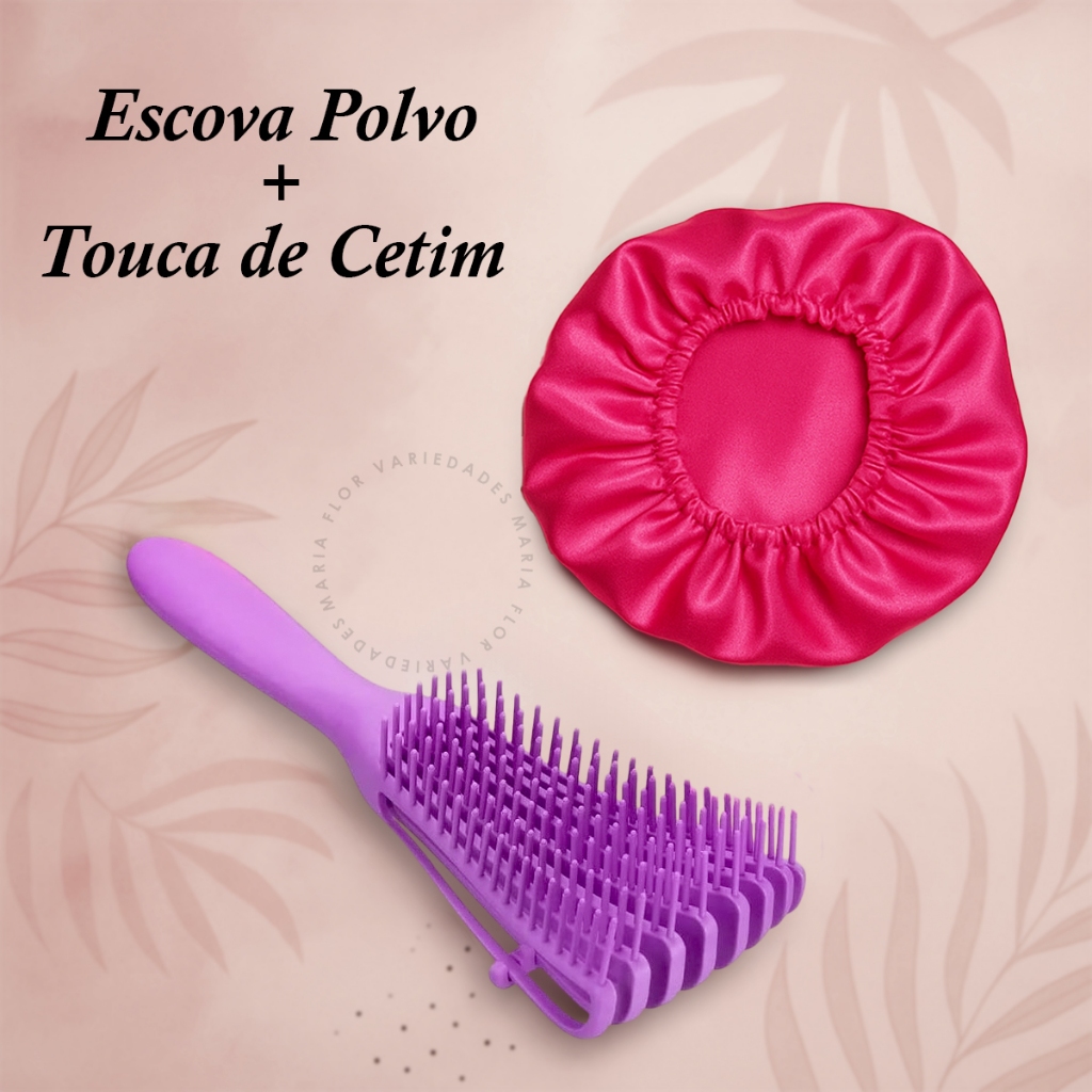 Kit Escova Pente Polvo Desembaraça + Touca De Cetim Antifrizz Todos os Tipos Cabelos Cacheados Liso