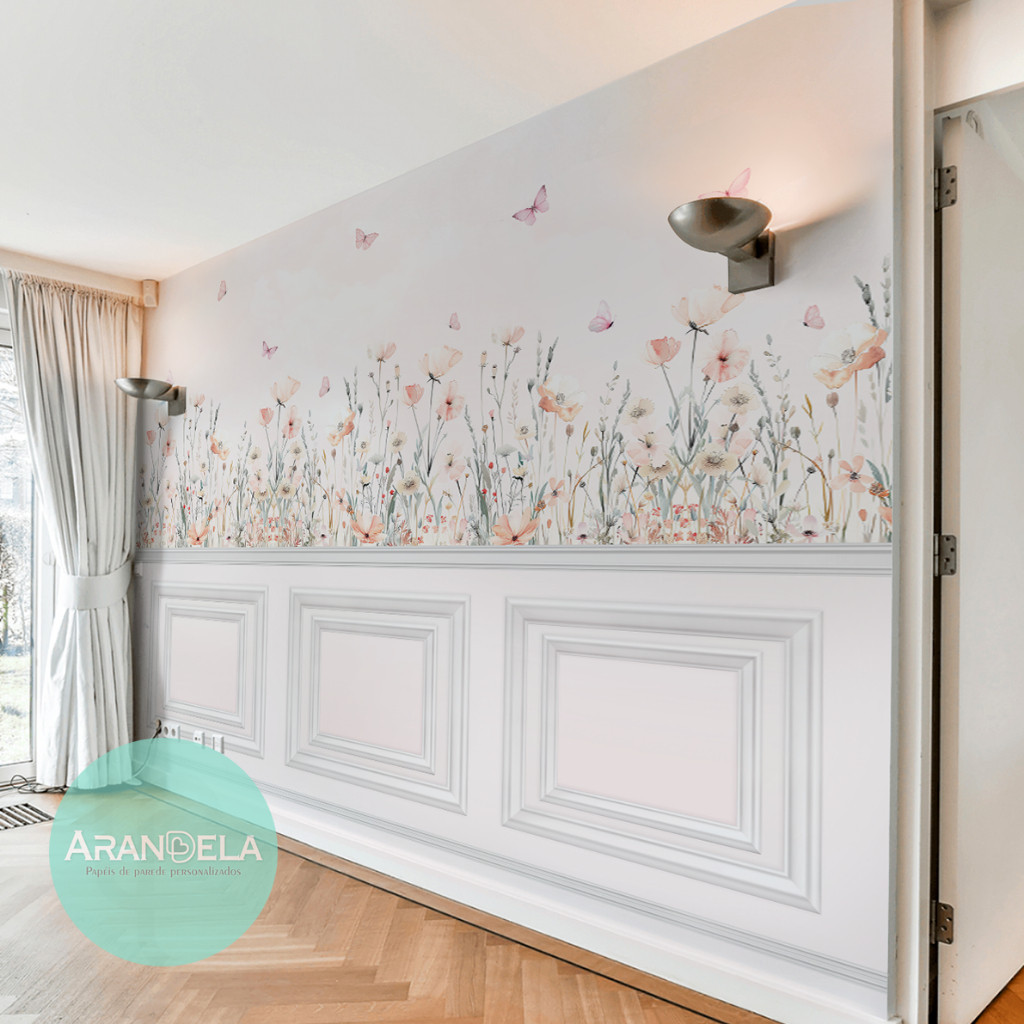 Papel de Parede Flores Borboletas e Ramos Jardim Encantado Para Decorar Quarto Infantil de Bebê e Menina m² Sob Medidas