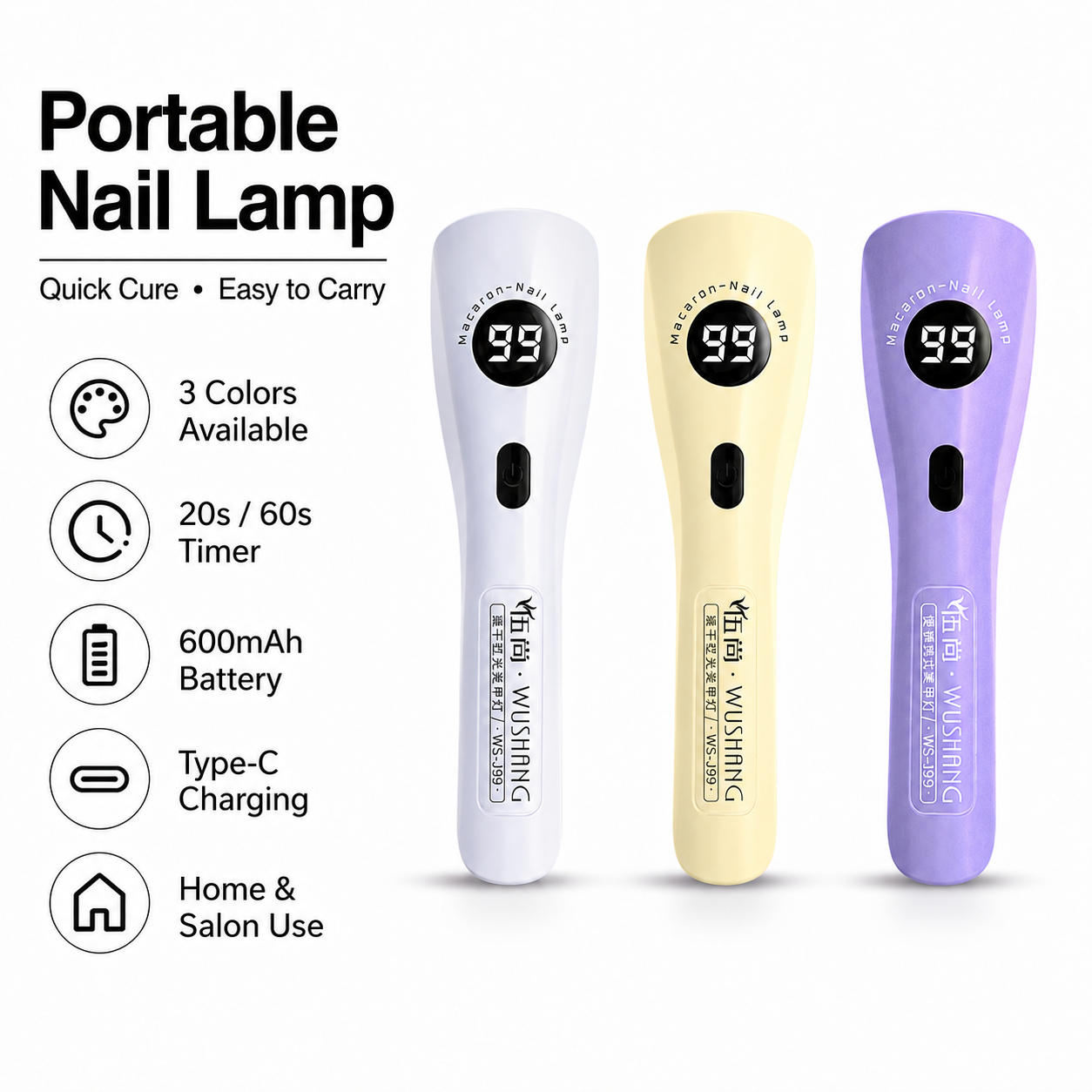 Lâmpada de Unhas Portátil, 5 LEDs UV + 1 Luz Vermelha, Recarregável 600mAh, Tipo-C, Temporizador 20s/60s, Secador