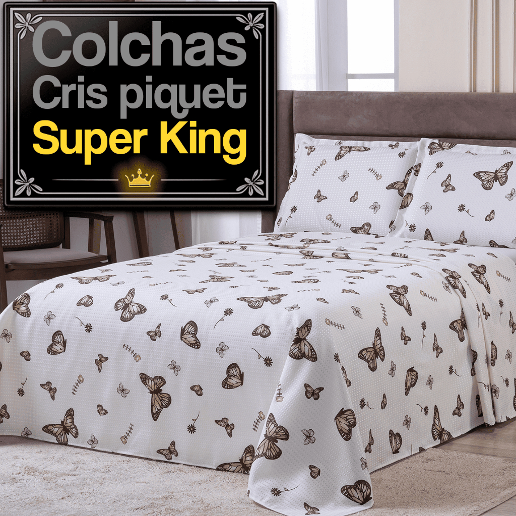 Colcha Super King Piquet Floral 3 Peças Kit Algodão Alto Relevo Fronhas Estampadas Costura Reforçada
