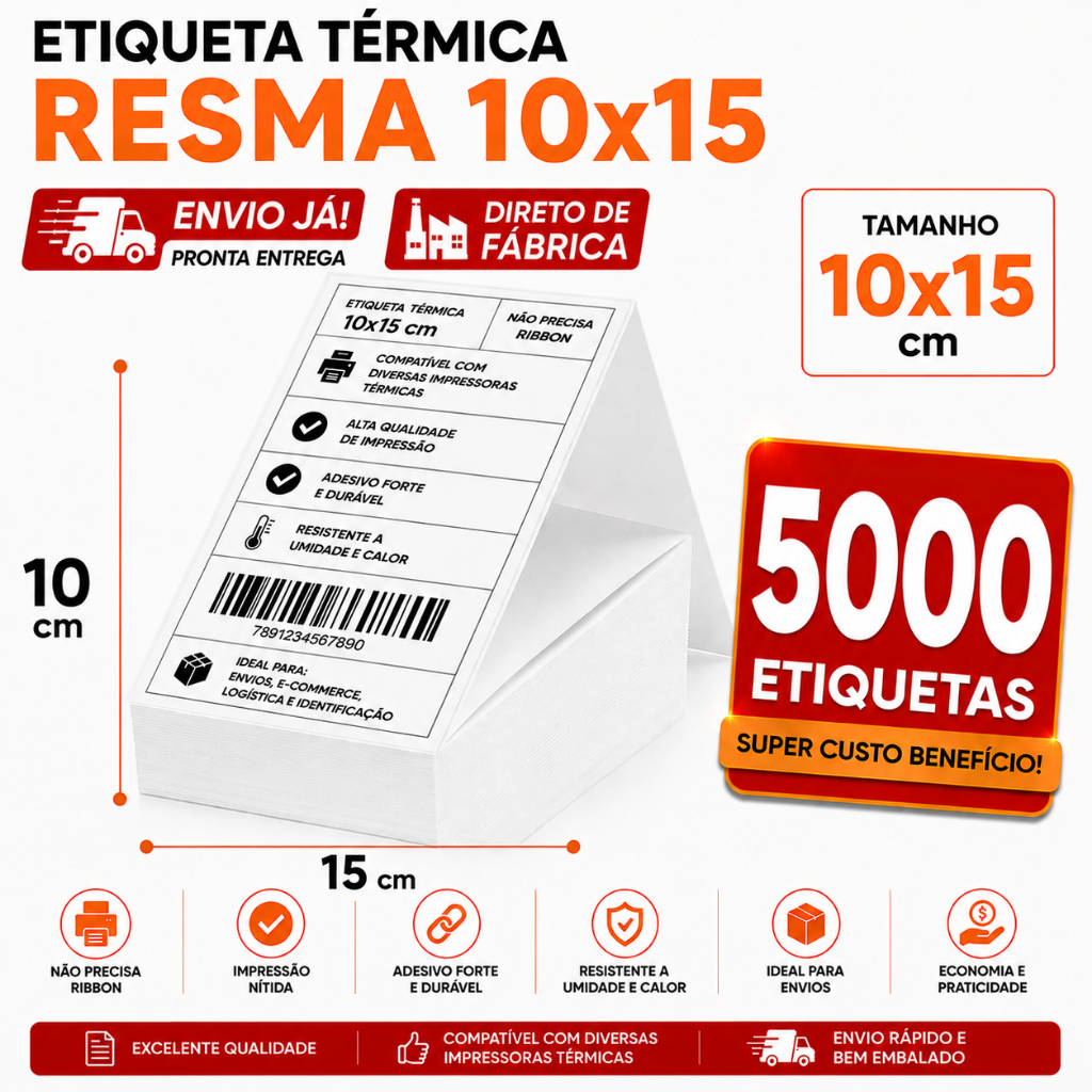 Kit 5000 Etiqueta Térmica Adesiva Resma 10x15 Ecommerce Envios Zebra Elgin Impressora Sem Ribbon Papel Contínuo