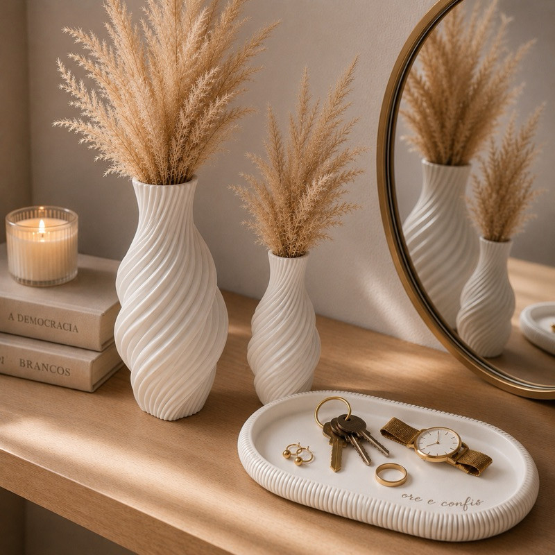 Kit Bandeja Decorativa Ore e Confie + Vasos Bege Modernos Decoração Sala Quarto Aparador Luxo