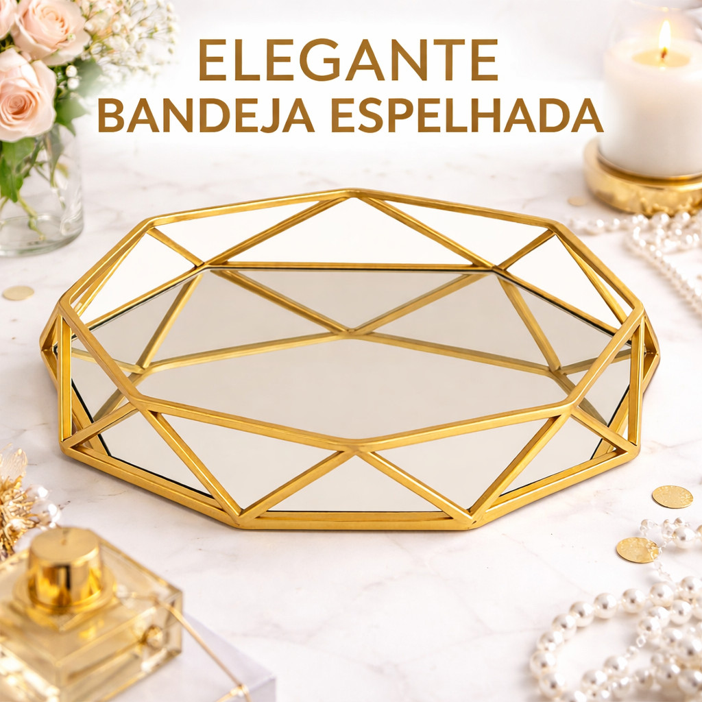 Bandeja Decorativa Espelhado em Metal Multiuso Redonda Dourada Moderna Luxo Geométrica