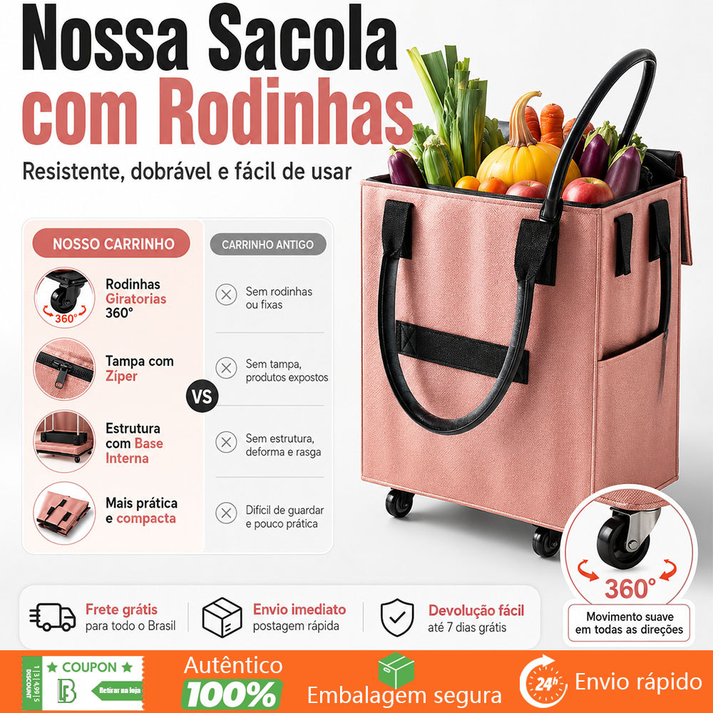 Reinforced Shopping Cart Supports Up to 80kg – Foldable and Waterproof Large Bag and Wheels