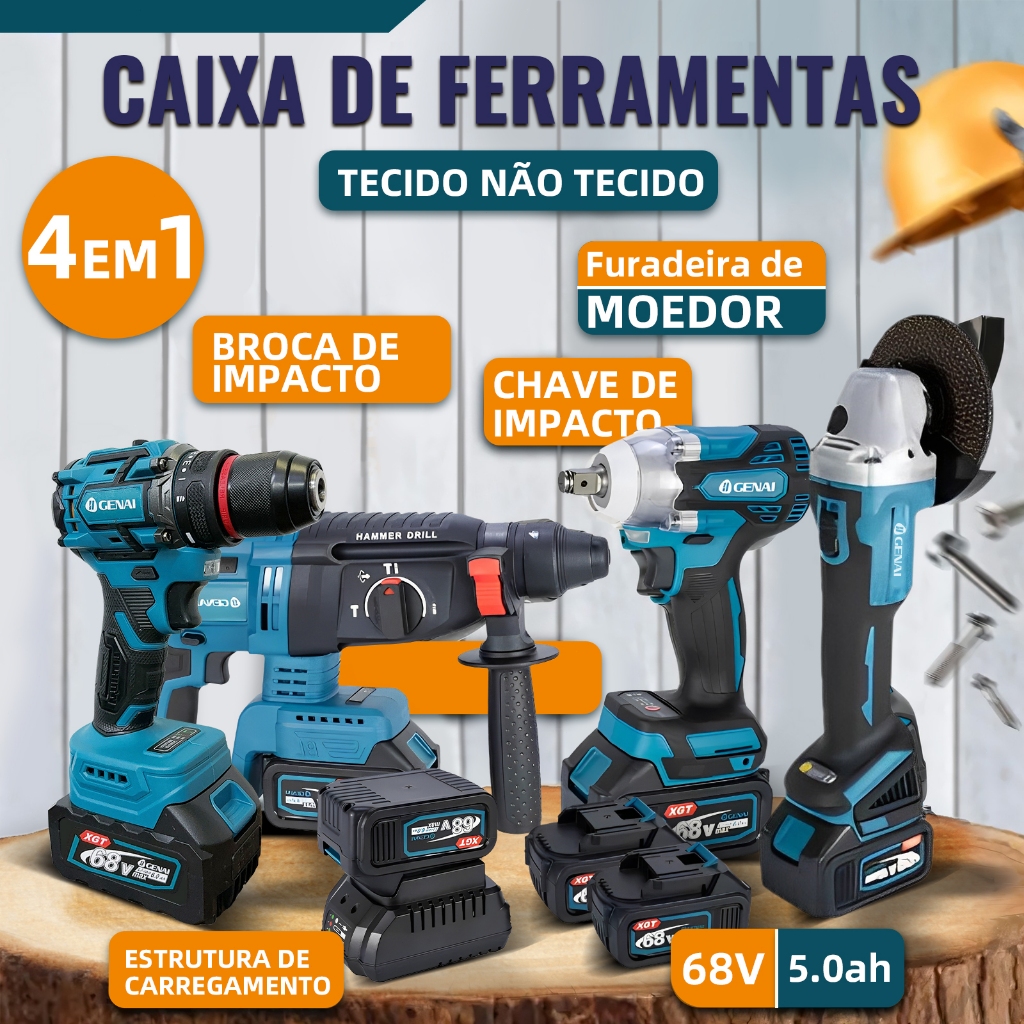 【GENAI】21V 4-in-1 Cordless Power Tool Kit - Hammer Drill, Angle Grinder, Impact Wrench, Screwdriver - 2 Batteries