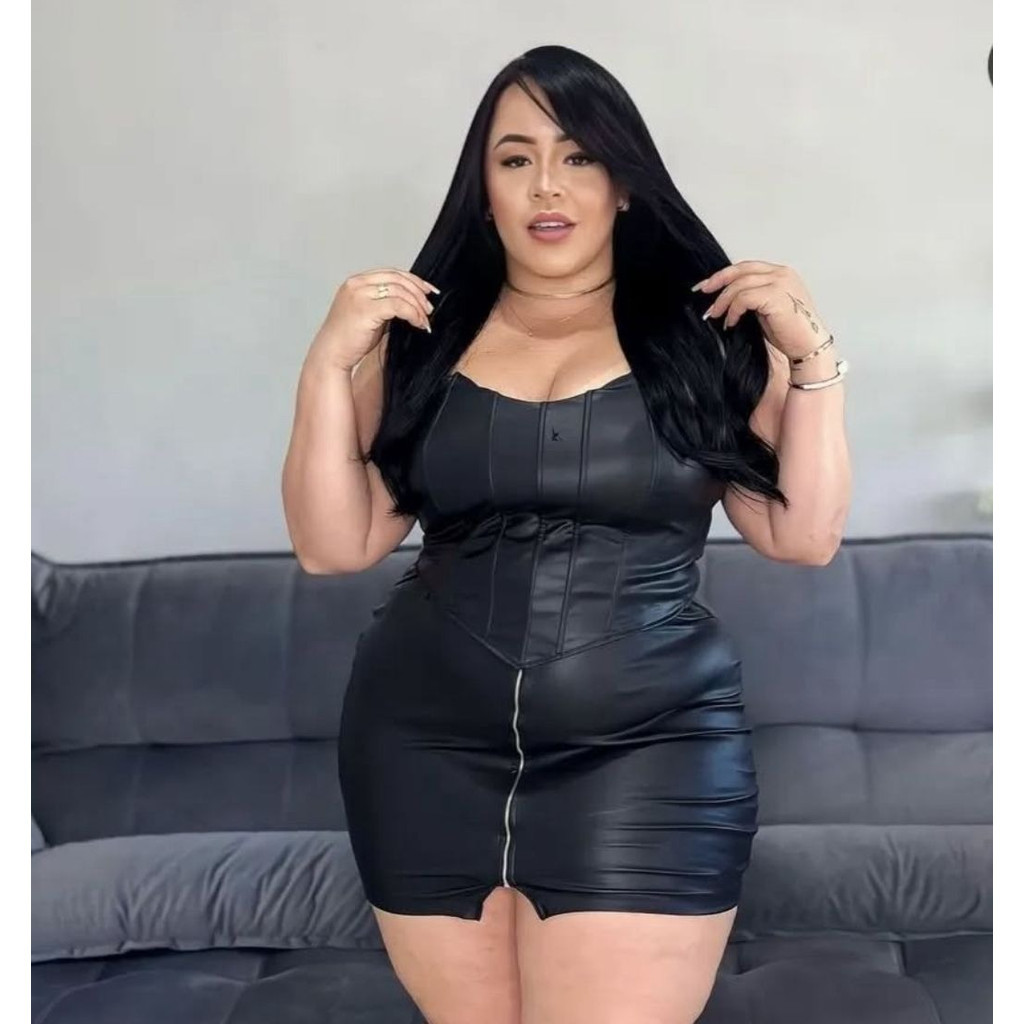 Conjunto Plus Size Couro Saia Couro Zíper Corselet Couro