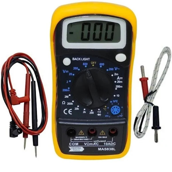 Multímetro Digital MAS838L com Sensor de Temperatura + 1 Par Ponta de Prova + Termopar - Aviso sonoro Beep Bip