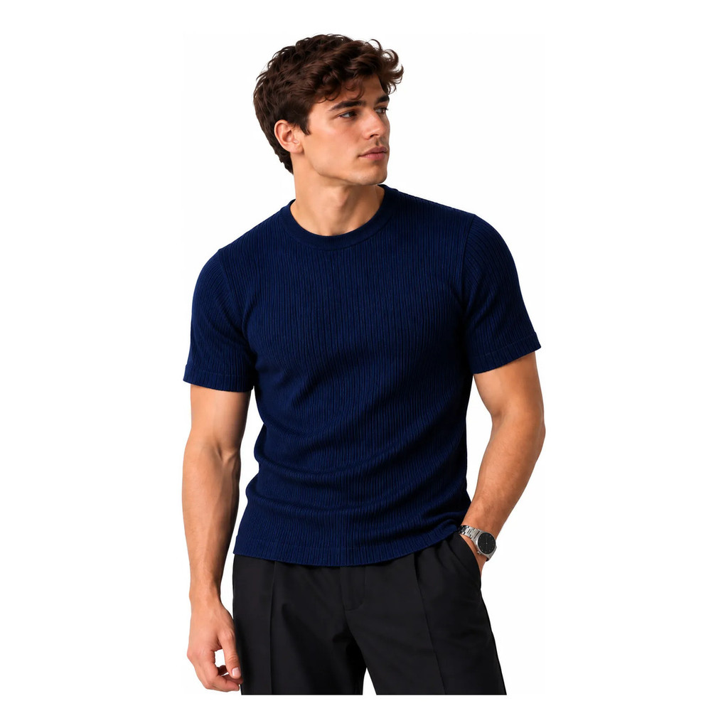 Camisa Masculina Malha Canelada Manga Curta Slim Premium De Qualidade
