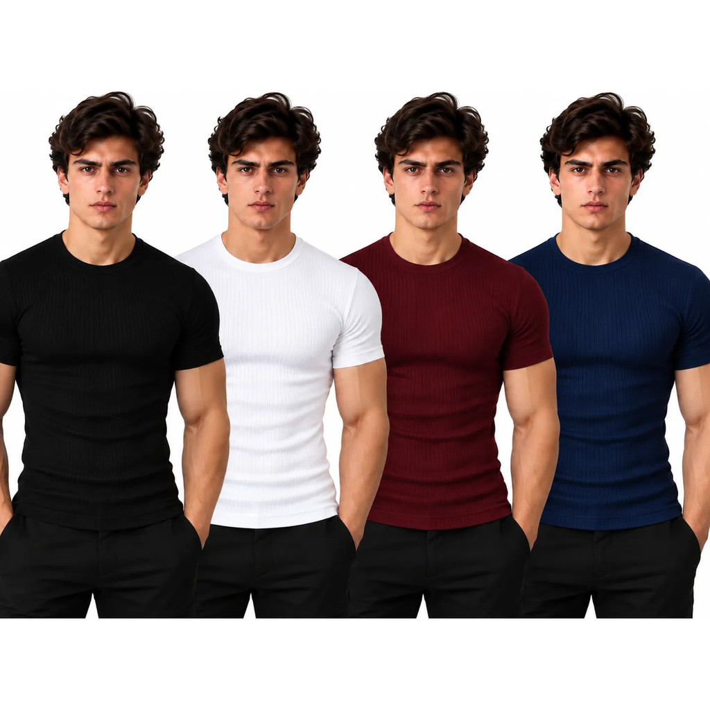 Kit 4 Camiseta Masculina Slim Canelada Manga Curta Premium