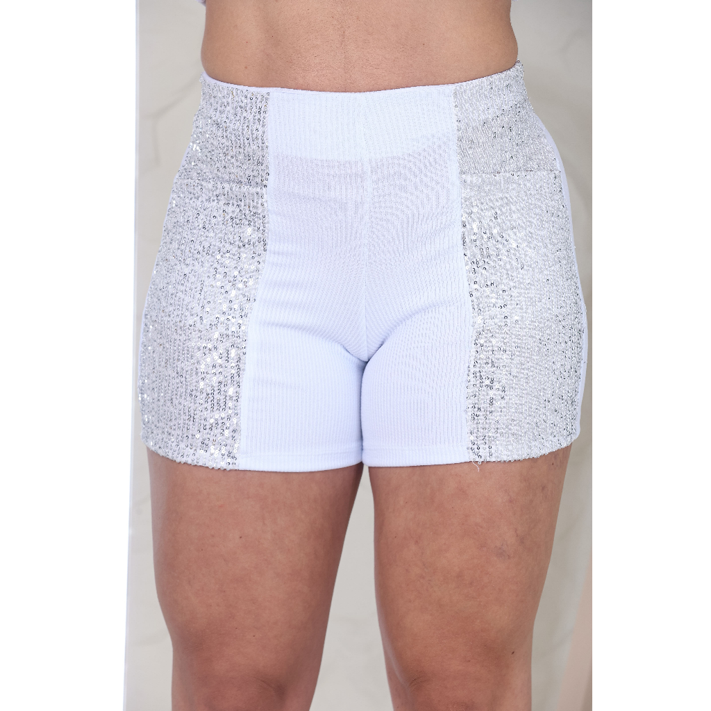 Short Feminino Paetê Brilho Cintura Alta Com Bolsos Ana Ruga Canelado Premium Moda Festa