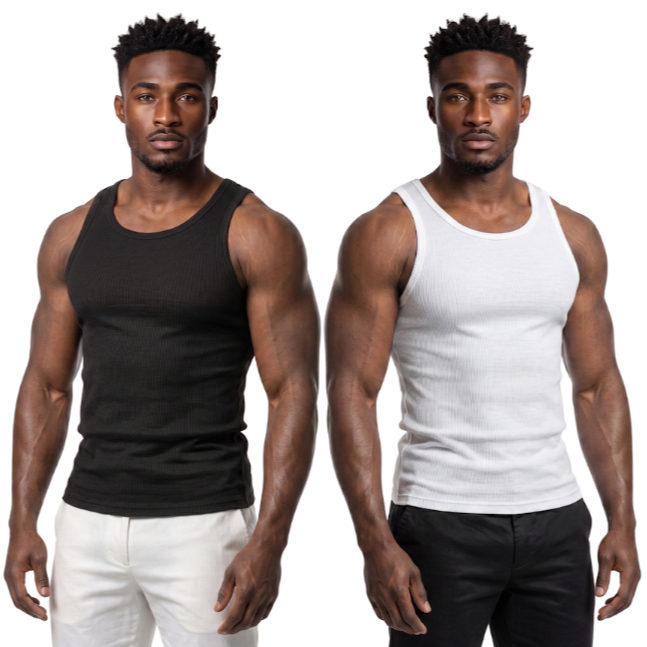 Kit 2 Regatas Masculinas Caneladas Premium Slim Fit Academia Fitness Treino Musculação Corte Americano Conforto Máximo